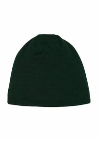 Beanie lavorato a maglia verde scuro con una parte superiore rotonda e una sottile texture, progettato per una vestibilità aderente, caratterizzato da una costruzione senza cuciture.