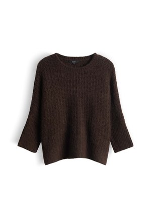 Brown knitted sweater with a loose fit, ribbed texture, wide sleeves, and a round neckline. Soft fabric with a cozy appearance.