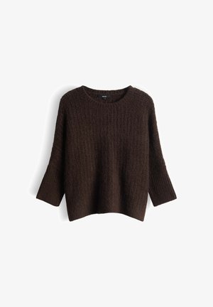 Brown knitted sweater with a loose fit, ribbed texture, wide sleeves, and a round neckline. Soft fabric with a cozy appearance.
