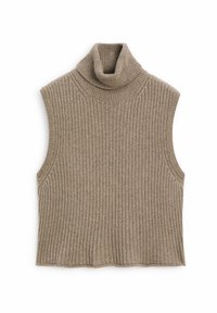 Beige ilmanhihaisessa poolopaidassa on ribbipinta, korkea kaulus ja suora, lyhyt helma.