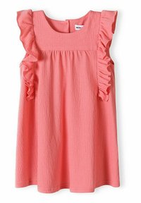 Rosa ärmlös klänning med rund halsringning, volangdetaljer vid axlarna och textil med struktur. Har en lös passform med rak nederkant.