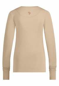 Beige Langarmshirt von hinten gezeigt, mit einem kleinen gestickten "vg" Logo in der Nähe des Halses.