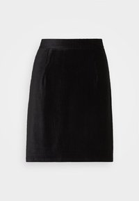 Falda de pana negra con acanalado vertical, cinturilla y silueta recta. Presenta dos bolsillos laterales.