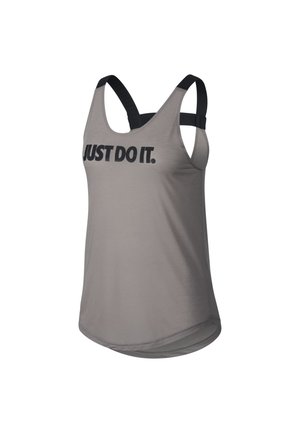 Graues ärmelloses Sporttop mit schwarzen Trägern und dem Aufdruck „JUST DO IT.“ in fetten schwarzen Buchstaben auf der Vorderseite.
