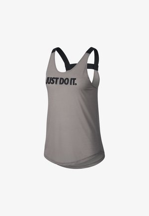 Débardeur de sport gris sans manches avec bretelles noires et l'inscription « JUST DO IT. » imprimée en lettres noires épaisses sur le devant.