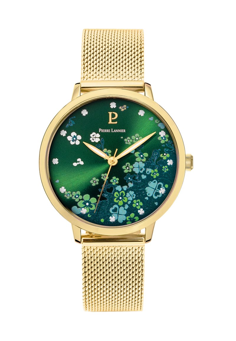 Reloj con banda de malla dorada y esfera redonda de flores verdes que presenta patrones en blanco y azul, agujas doradas y un logotipo en la parte superior.