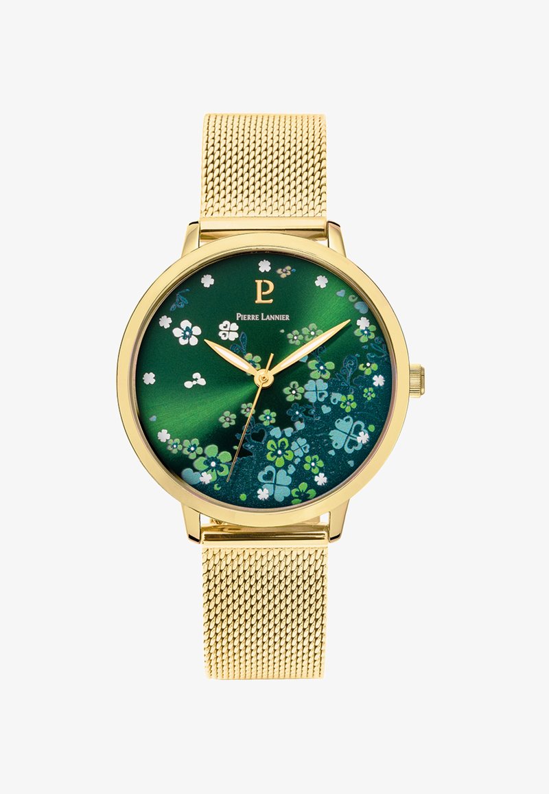 Guldfarvet meshrem til ur med en rund grøn blomsterur skive, der har hvide og blå mønstre, guldvisere og et logo øverst.
