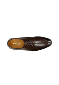 Hnědá kožená bota s špičatou špičkou a symetrickým šněrováním; hladká textura, vnitřek s bílým logem; minimalistický design bez akcentů.