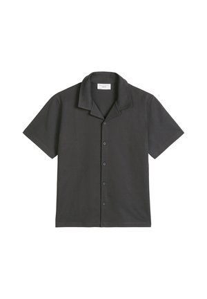 Short-sleeve black button-up shirt with camp collar, laid flat against a white background.