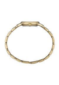 Guldtonet ur med et slankt rektangulært urkasse og design af sammenkoblede led. Glat overflade med subtil detaljering på led. Klar urskive.