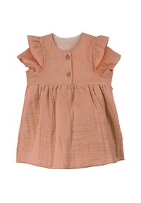 Peach-colored cotton dress with ruffled short sleeves, two front buttons, and gathered waist. Soft texture, knee-length design.