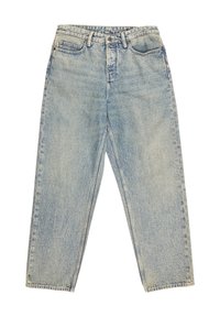 Lichtblauwe denim jeans met een hoge taille, recht model, vijf zakken en zichtbare stikdetails. Gelaagde stof toont lichte vervaging.