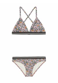 Bloemenbikini-set met een triangeltop met kruislingse bandjes en een bijpassende onderkant, beide in het roze met zwarte accenten en kleurrijke bloemenpatronen.