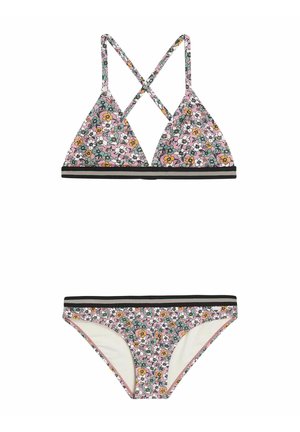 Bloemenbikini-set met een triangeltop met kruislingse bandjes en een bijpassende onderkant, beide in het roze met zwarte accenten en kleurrijke bloemenpatronen.