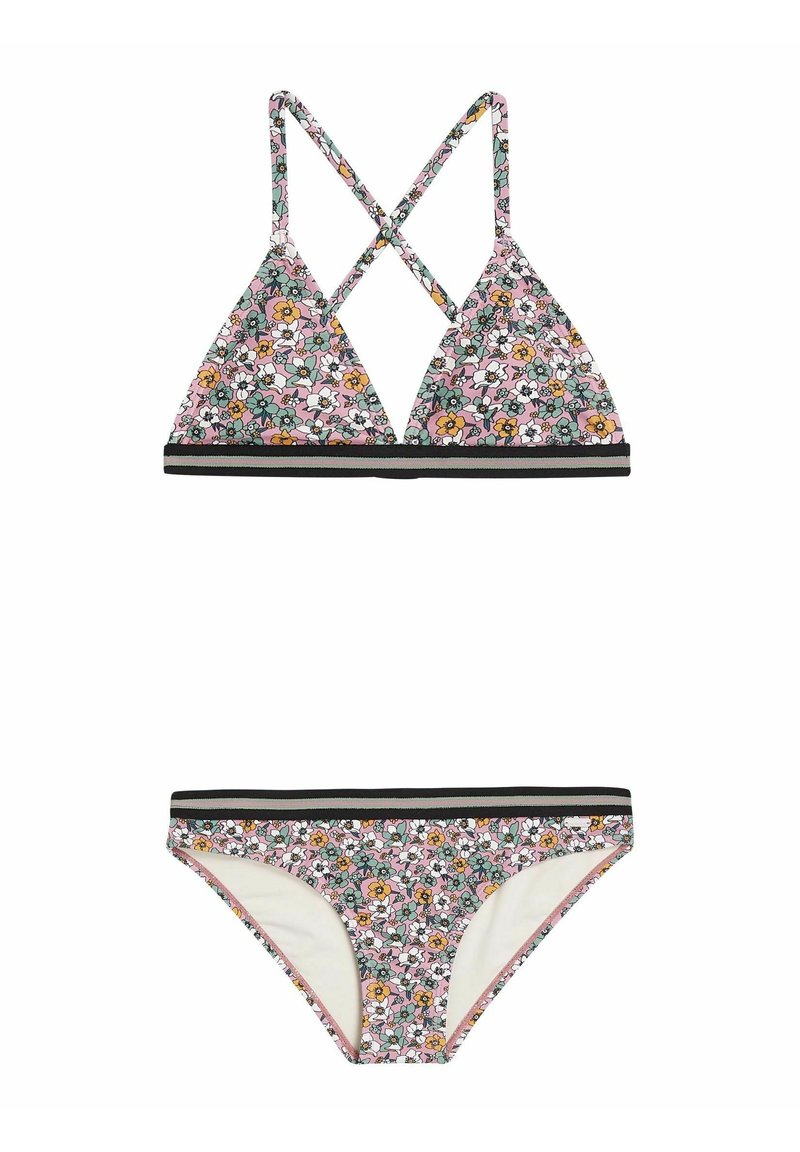 Bloemenbikini-set met een triangeltop met kruislingse bandjes en een bijpassende onderkant, beide in het roze met zwarte accenten en kleurrijke bloemenpatronen.
