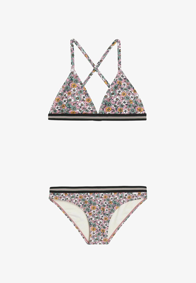 Bloemenbikini-set met een triangeltop met kruislingse bandjes en een bijpassende onderkant, beide in het roze met zwarte accenten en kleurrijke bloemenpatronen.
