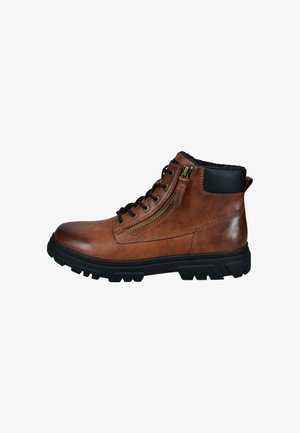 Braune Leder-Ankle-Boots mit einer strukturierten Oberfläche. Mit schwarzem oberen Teil, seitlichem Reißverschluss, Schnürung und einer robusten schwarzen Gummisohle.