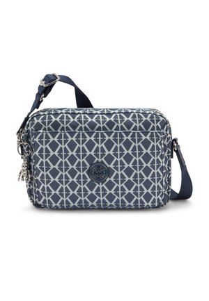 Crossbody bag in navy blue with geometric white patterns. Features a zip closure, detachable strap, and logo emblem on the front. Smooth texture.