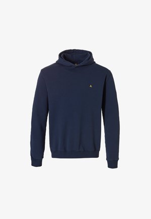 Navy blauwe hoodie van zachte stof, met een kangoeroezak, ribbelboorden en -zoom, en een klein geborduurd logo op de borst.