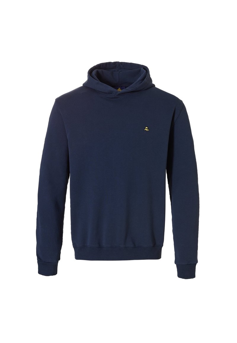Navy blauwe hoodie van zachte stof, met een kangoeroezak, ribbelboorden en -zoom, en een klein geborduurd logo op de borst.