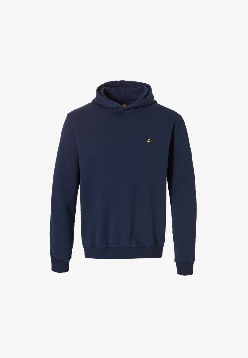 Navy blauwe hoodie van zachte stof, met een kangoeroezak, ribbelboorden en -zoom, en een klein geborduurd logo op de borst.