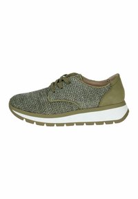Baskets tricotées vertes avec un dessus texturé, des lacets ronds et une semelle intermédiaire blanche. Présente une semelle extérieure en caoutchouc pour plus de traction et de confort.