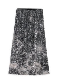 Jupe midi en sequins avec une taille noire, présentant un dégradé de sequins argentés et noirs créant une apparence texturée et scintillante.