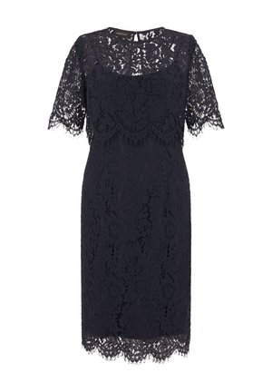 Black knee-length lace dress with short sleeves, scalloped edges on sleeves and hem, and a round neckline.