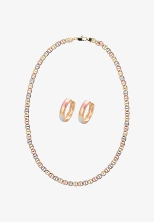 Naszyjnik z łańcuchem z trzech kolorów złota wraz z dopasowanymi kolczykami kołami, zawierający ogniwa i sekcje z różowego, żółtego i białego złota.