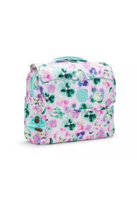 Sac à dos à motif floral dans des couleurs pastel, avec une poignée vert menthe et un logo, incluant une poche latérale et un charme décoratif.