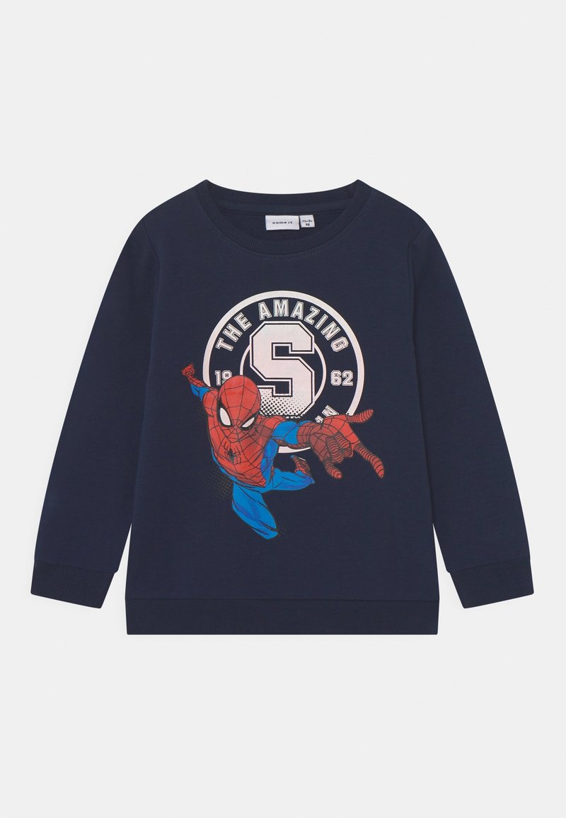 Chemise à manches longues bleu marine avec un motif Spider-Man et le texte « The Amazing » dans un design circulaire sur le devant.