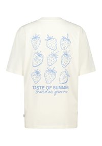 White cotton t-shirt featuring a blue line-drawing graphic of strawberries and text: "TASTE OF SUMMER Garden grove" on the back.