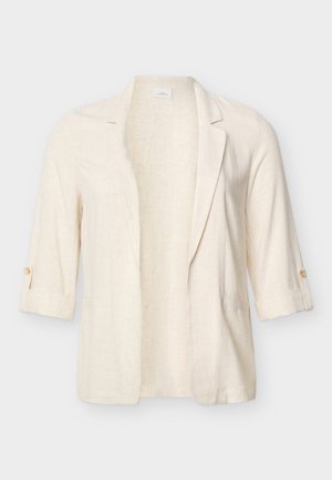 Μπεζ blazer από λινό με ρεβέρ σε τρία τέταρτα μανίκια, κουμπιά τύπου ταμπ, ανοιχτό μπροστινό μέρος και γιακά με σχισμή.