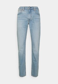 Ljust blå denimjeans med rak passform, med en klassisk femfickorsdesign och en knäppning i midjan.