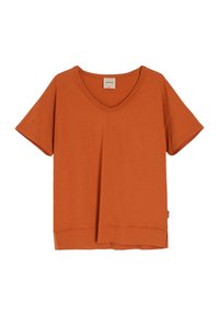 Pomarańczowa koszulka z krótkim rękawem, z dekoltem w kształcie litery V, luzem dopasowana, z bocznymi rozporkami na dole. Wykonana z miękkiej, lekkiej tkaniny.