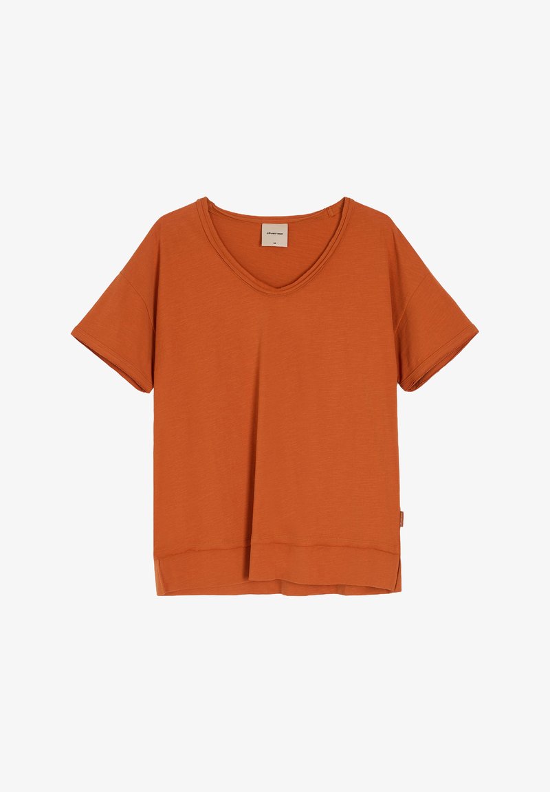 Pomarańczowa koszulka z krótkim rękawem, z dekoltem w kształcie litery V, luzem dopasowana, z bocznymi rozporkami na dole. Wykonana z miękkiej, lekkiej tkaniny.