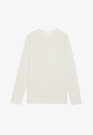 Crème lange mouwen t-shirt van zachte brei stof. Heeft een ronde halslijn en een relaxed fit zonder zichtbare patronen of accenten.