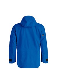 Blaue wasserdichte Jacke mit Kapuze. Sie hat lange Ärmel, schwarze Klettakzente an den Bündchen und eine glatte, matte Textur. Einfaches Design.