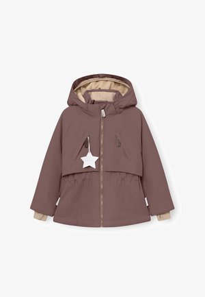 Burgunderfarget hettegenser med en beige fôr, frontklaff med glidelås, elastisk midje og stjernesformet merkelapp. Har to skrå glidelommer.