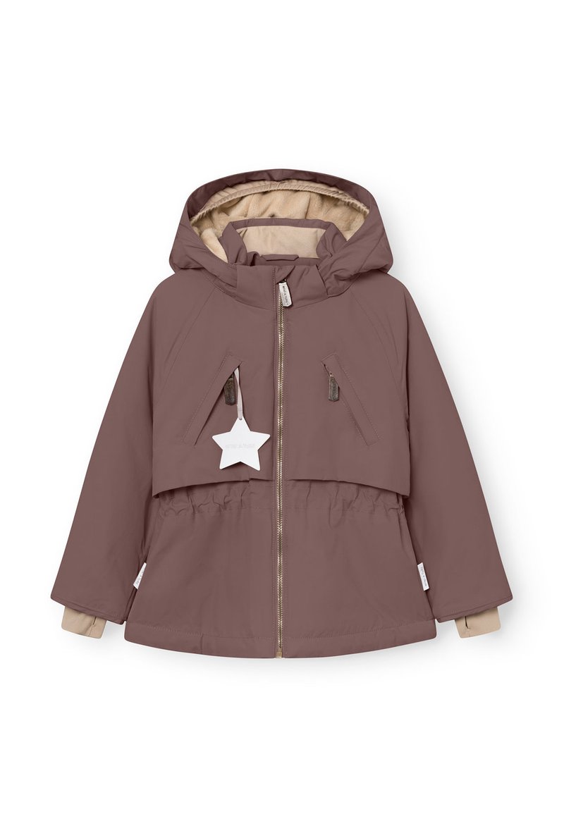 Veste à capuche bordeaux avec une doublure beige, fermeture éclair à l'avant, taille élastique et étiquette en forme d'étoile. Comprend deux poches zippées inclinées.