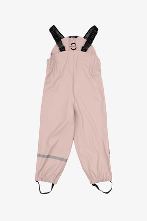 Mīksti rozā ūdensizturīgi kombinezoni ar regulējamiem melniem siksnām, elastīgu jostu un atstarojošu pelēku joslu tuvāk potītēm. Viegls materiāls.
