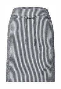 Gestreepte rok in grijs en wit, gemaakt van een gestructureerde stof. Heeft een elastische tailleband met een koord voor aanpassing.
