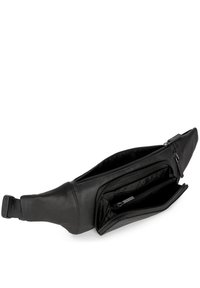 Marsupio in pelle nera con due scomparti con zip, design piatto, texture liscia e tracolla regolabile per il fissaggio.