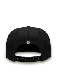 Black baseball cap with a structured shape, fabric texture, and adjustable snapback closure featuring multiple adjustment holes.