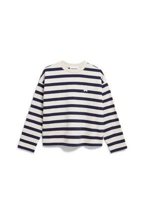 Marineblau- und cremegestreiftes Langarmshirt mit Rundhalsausschnitt und einem kleinen Bärenmotiv auf der Brust. Aus weichem Baumwollmaterial.