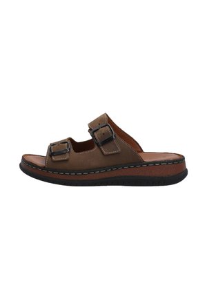 Brune læder slide-sandaler med to justerbare spænder, en flad sort gummisål og kontrasterende syninger for ekstra tekstur.