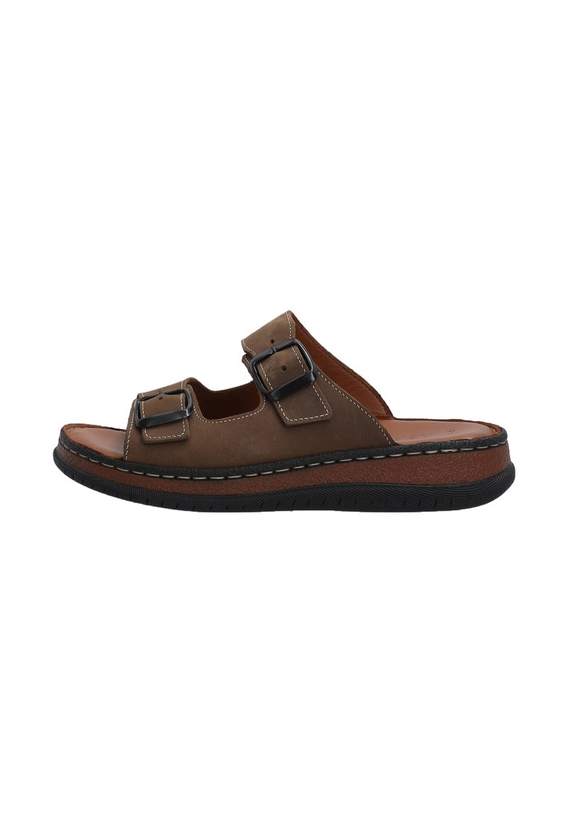 Brune læder slide-sandaler med to justerbare spænder, en flad sort gummisål og kontrasterende syninger for ekstra tekstur.