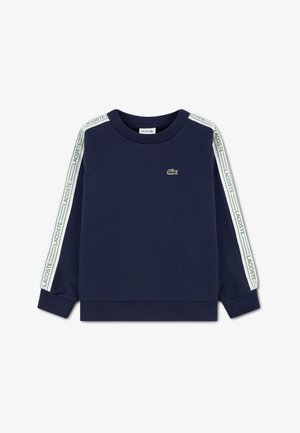 Marineblaues Sweatshirt mit Rundhalsausschnitt, gerippten Bündchen und grünem Lacoste-Logo auf den Ärmeln. Verfügt über ein kleines gesticktes Krokodillogo.