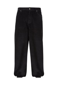 Pantalon large en velours côtelé noir avec poches avant, passants pour ceinture, fermeture par bouton et poignets élastiqués aux chevilles.