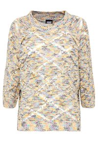 Pull en maille avec une coupe ample et carrée. Présente un fil multicolore texturé en motif losange avec des sections ajourées et un col côtelé.